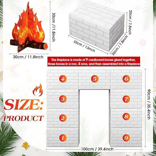 Miniatura 2 de 10 chimeneas de cartón de Navidad 3D de 39 x 35 pulgadas, chimenea artificial de Navidad con llama de fuego 3D, telón de fondo falso para decoración