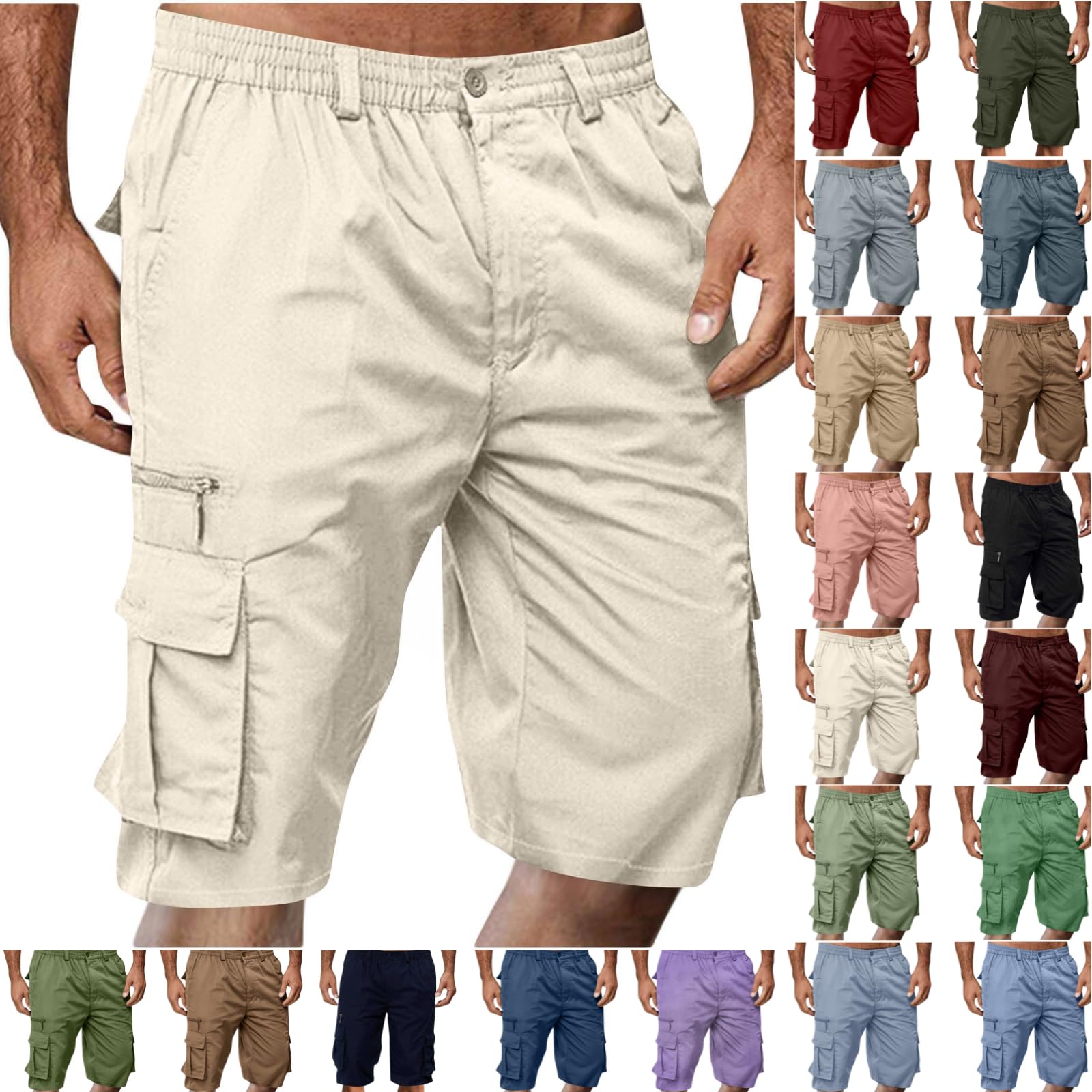 Cargo Shorts for Men,Summer Casual Elastic Waist Big Tall Baggy Shorts Lightweight Hiking Short with Multi Pockets