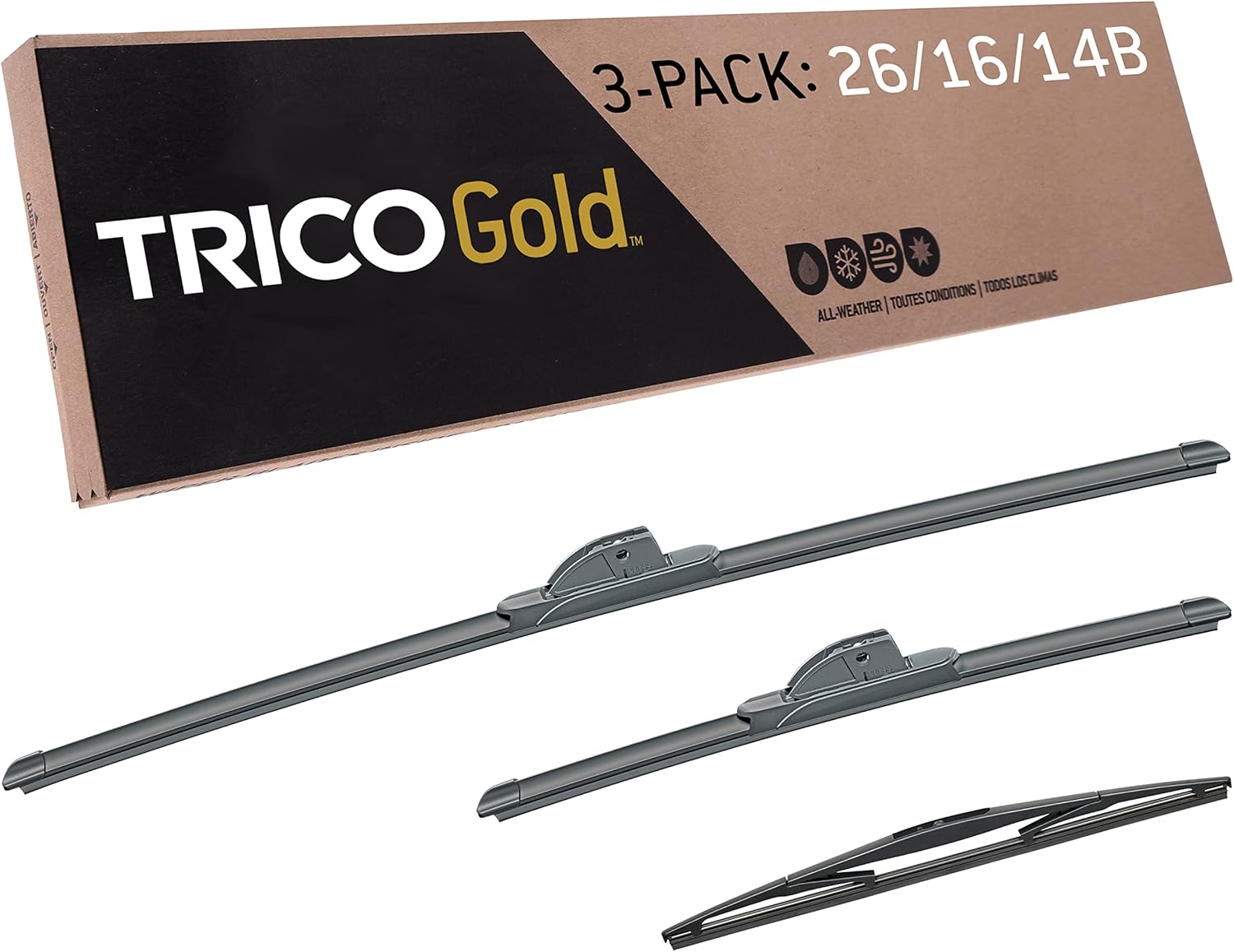 Trico Gold Driver/Passenger/Rear Kit Replacement Windshield Wiper Blades for 2007-2018 Acura RDX; Includes 26 inch, 16 inch & 14 inch Beam Blades (18-2616-14B), Black