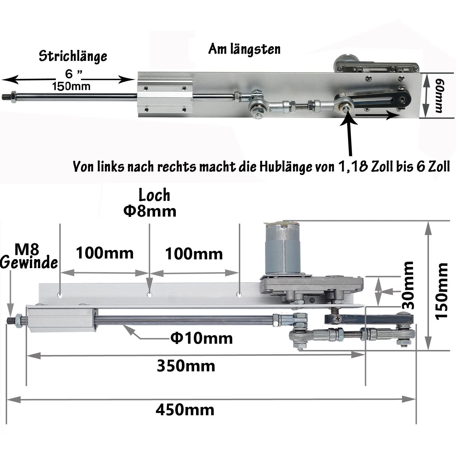 DC 12V Linearmotor Resiprocating Linear Actuator Motor mit Hub 30mm-150mm Adjustable für DIY Design Maschine Lab Testing 95rpm mit Funkfernbedienung JQ-RL-YY05 (12V150mm95rpm)