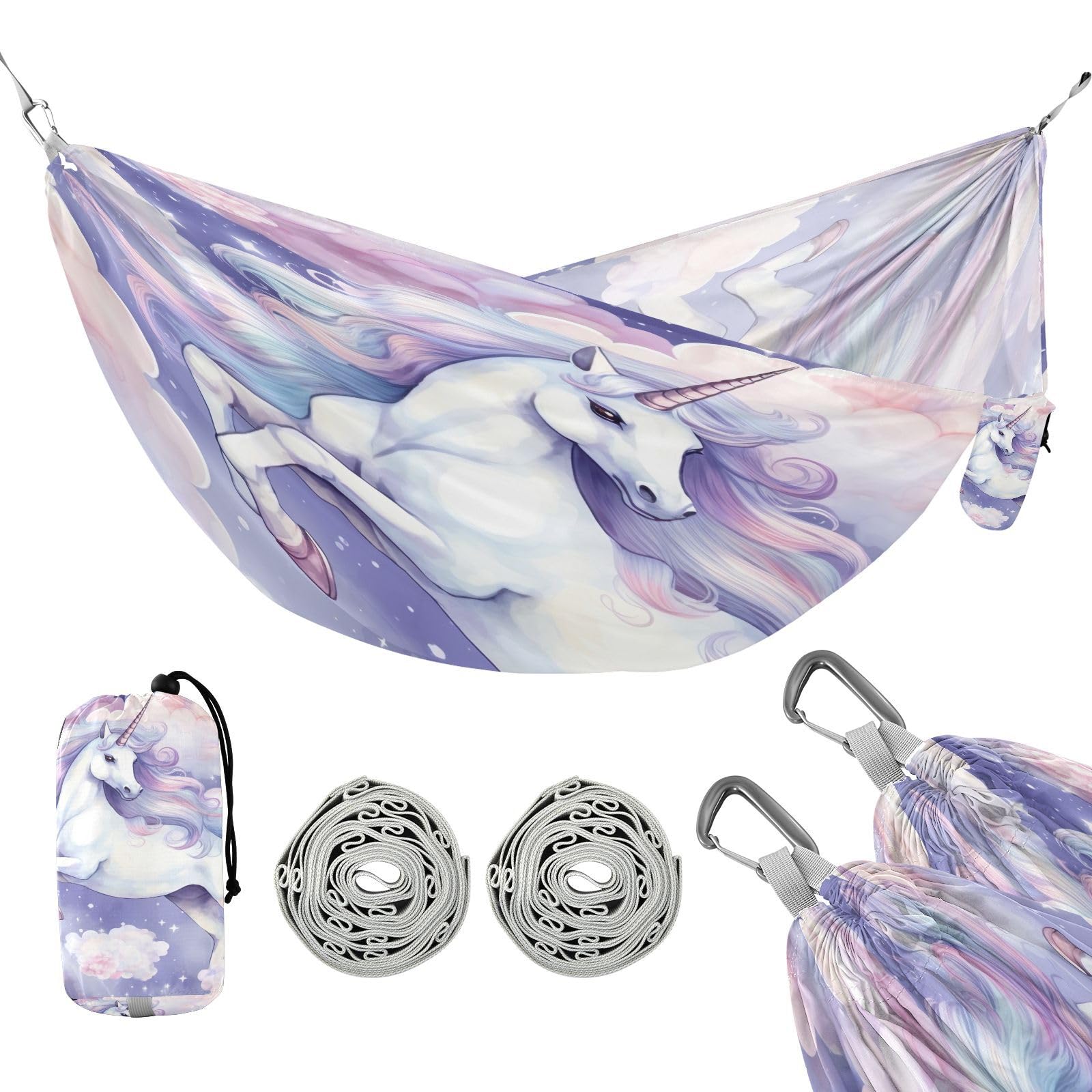 SDMKA Watercolor Horse Camping Hammock, 330 lbs with 2 Tree Straps, Carry Bag, Single Portable Hammock for Outdoor/Indoor, Hiking, Beach, Backpacking, Travel