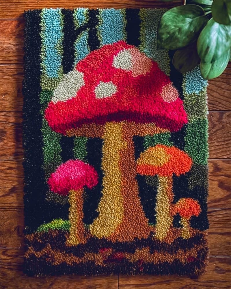 FWRTYCB Latch Hook Kits Rugs,Mushroom DIY Latch Hook Rug Making Kits for Beginners,20X15Inch Rug Making Kits with Printed, DIY Latch Hook Kits Carpet, Latch Hook Kits for Adults, Embroidery Kits for