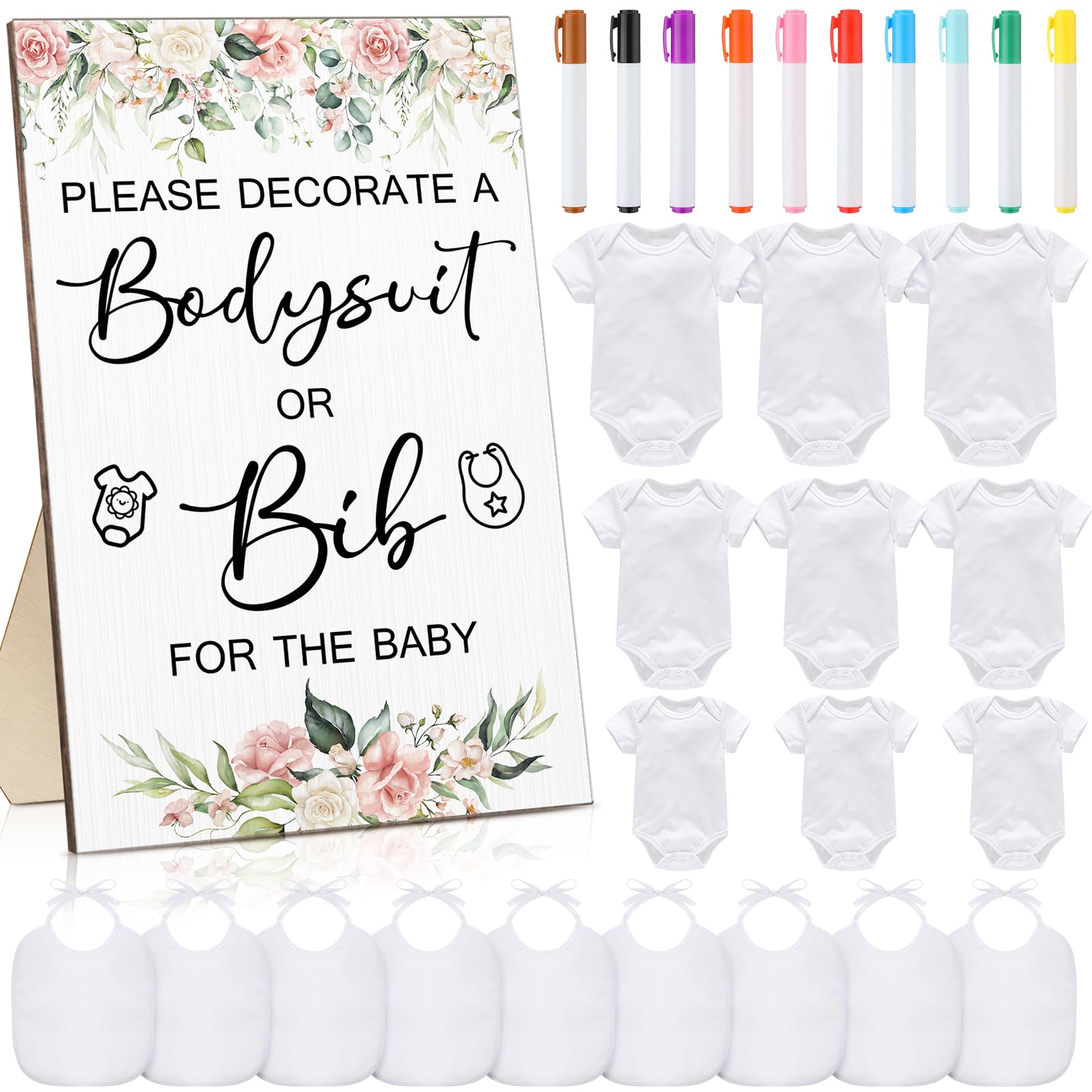 Roowest 35 Pcs Baby Shower Bibs Games Design Wooden Baby Shower Party Game Sign DIY Bodysuit Sign 15 White Blank Bibs 9 Bodysuit 10 Markers for Party