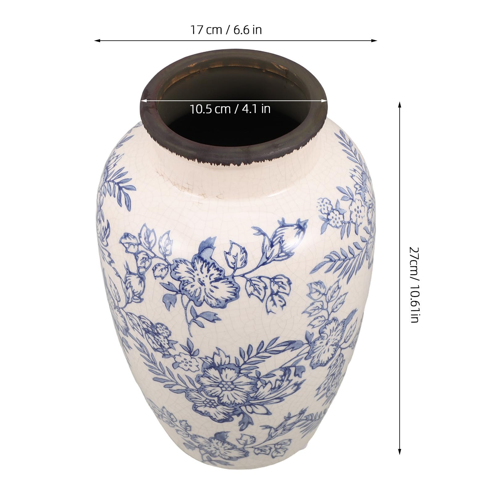 Cabilock Vintage Keramikvase im Chinoiserie Stil für Zweige | Keramik, Weiß-blaues Crackle Finish, Niedriger Schwerpunkt und Stabil, für Trockenblumen im Regal