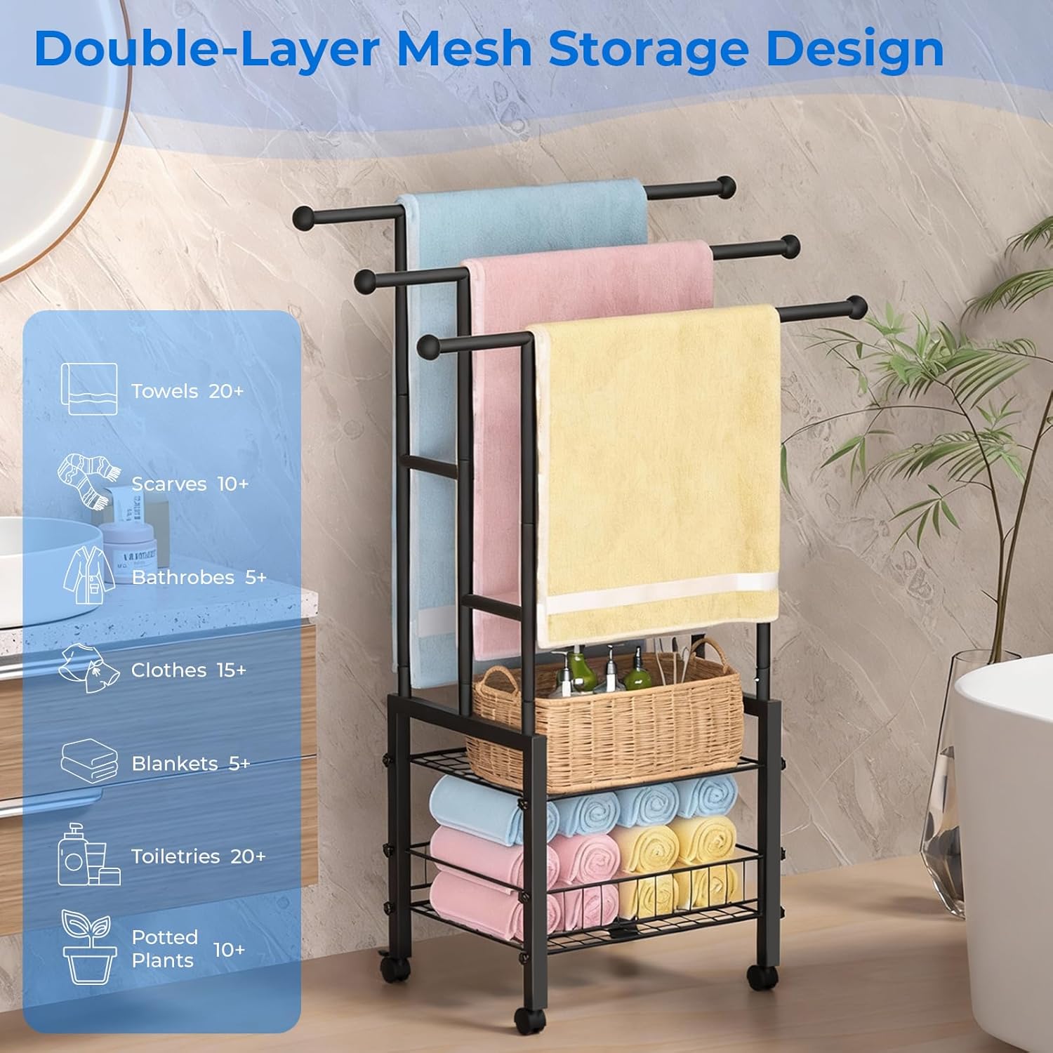 Kayfia 42.7" H Standing Towel Racks for Bathroom with Wheels, Upgraded Large Size 3 Tier Metal Blanket Rack Stand with Shelf and Basket, Storage for Oversized Bath Towels Bathroom Pool Accessories