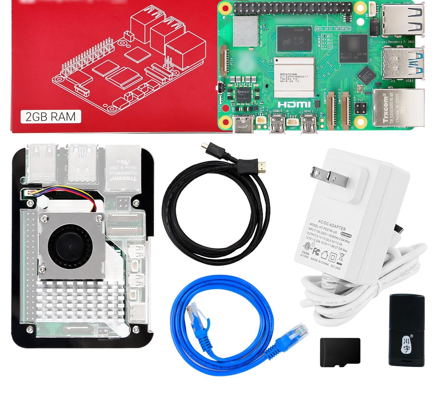 Yahboom Pi 5 2GB Starter Kit with 27W 5.1V/5A Power Adapter Heat Sink, Case, HDMI Cable TF Card Provide Linux ROS2 Information (Pi5 2GB, Official Cooler Kit)