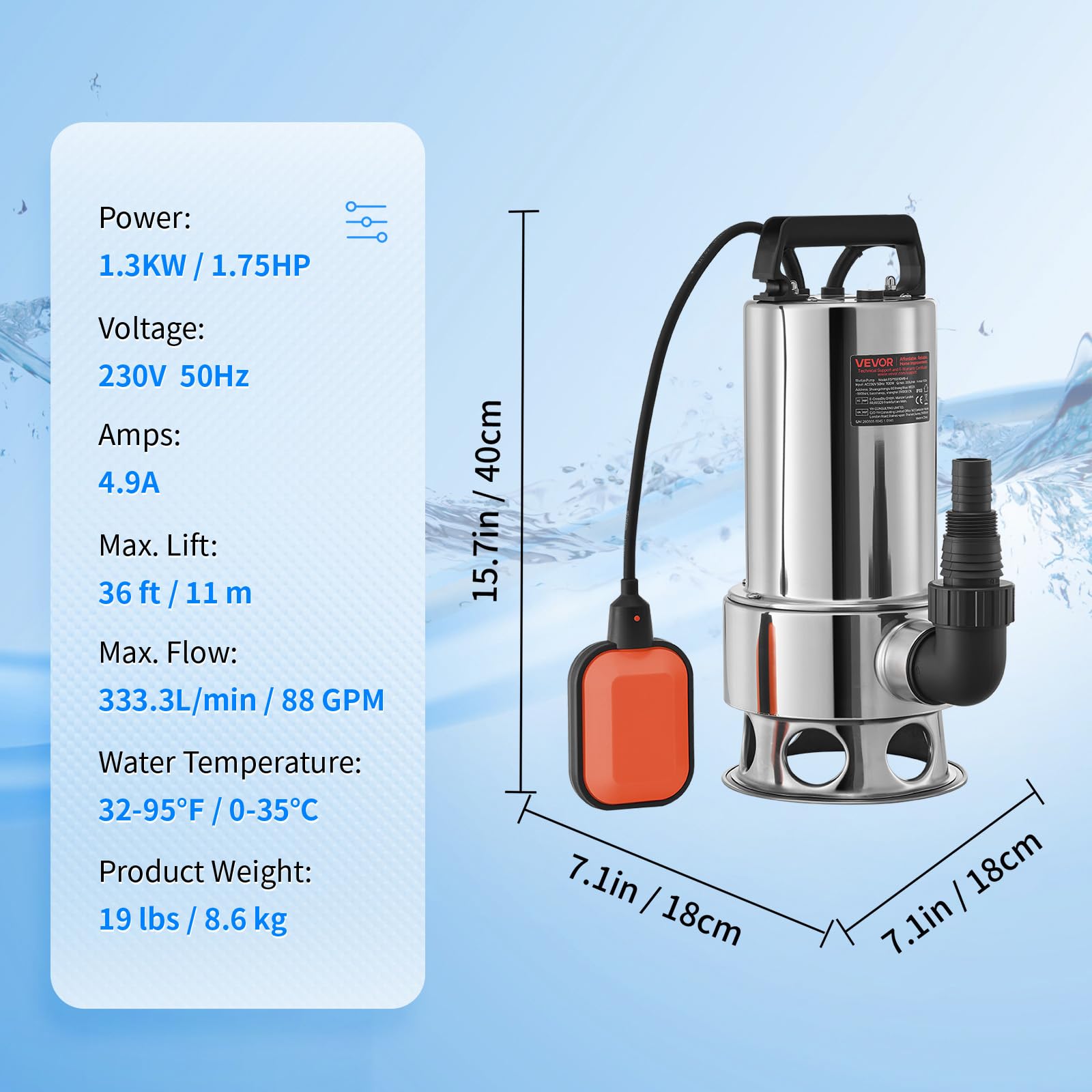 VEVOR Pompa Sommersa Elettrica da Drenaggio per Acque Sporche 1300W da Giardino Laghi Pozzo, Elettropompa a Immersione per Drenaggio di Acque Sporche Nere Scure 10A 1300W per Piscina Giardino Pozzetto