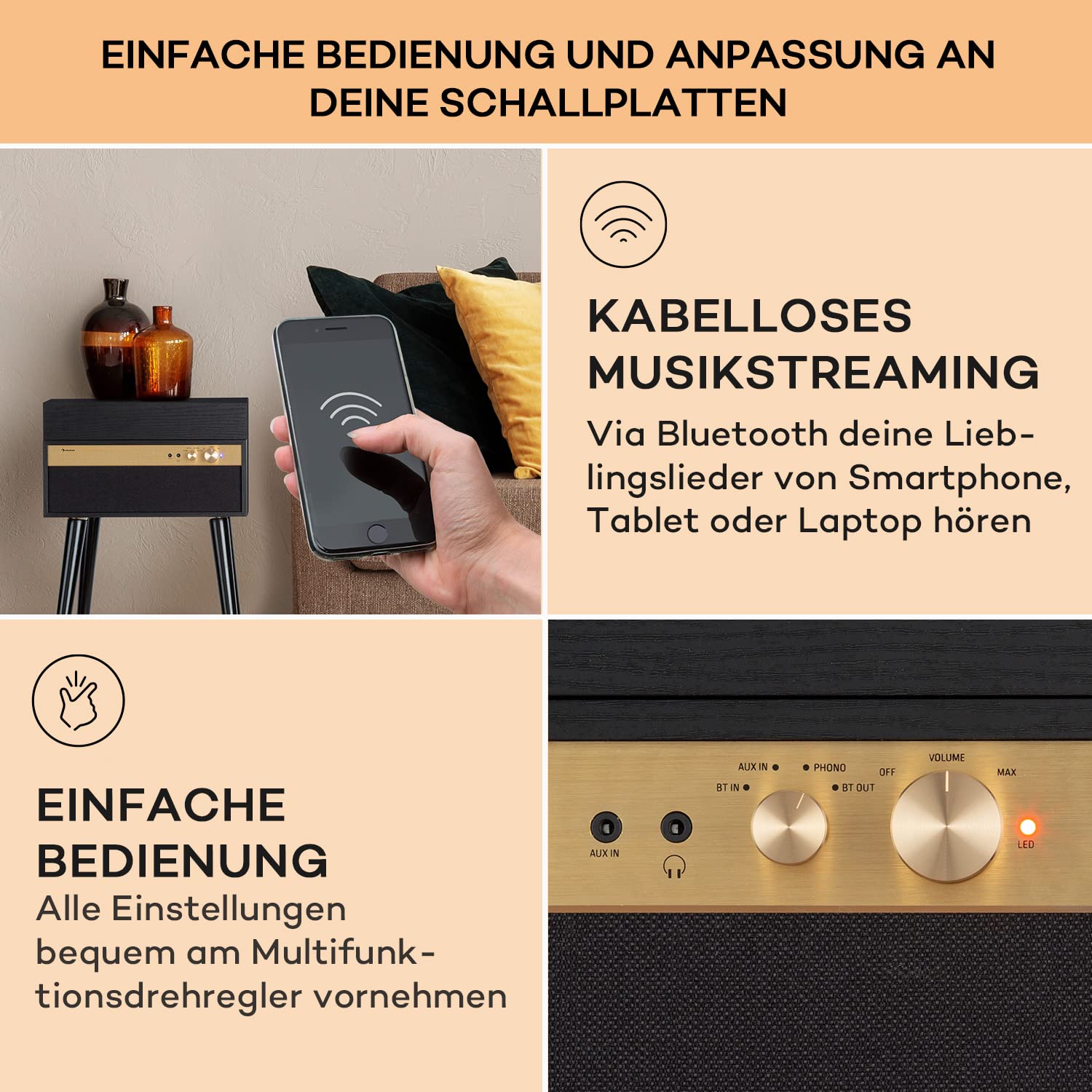 Auna Plattenspieler mit Lautsprecher, Plattenspieler mit Bluetooth & Standfüßen, Retro-Schallplattenspieler Bluetooth Transmitter & Receiver, Moderner für Schallplatten