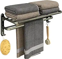 Toalheiro de Parede em Alumínio com Parafusos – Duplo, Dobrável e com Ganchos | Suporte para Toalhas Durável e Resistente, Ideal para Banheiro