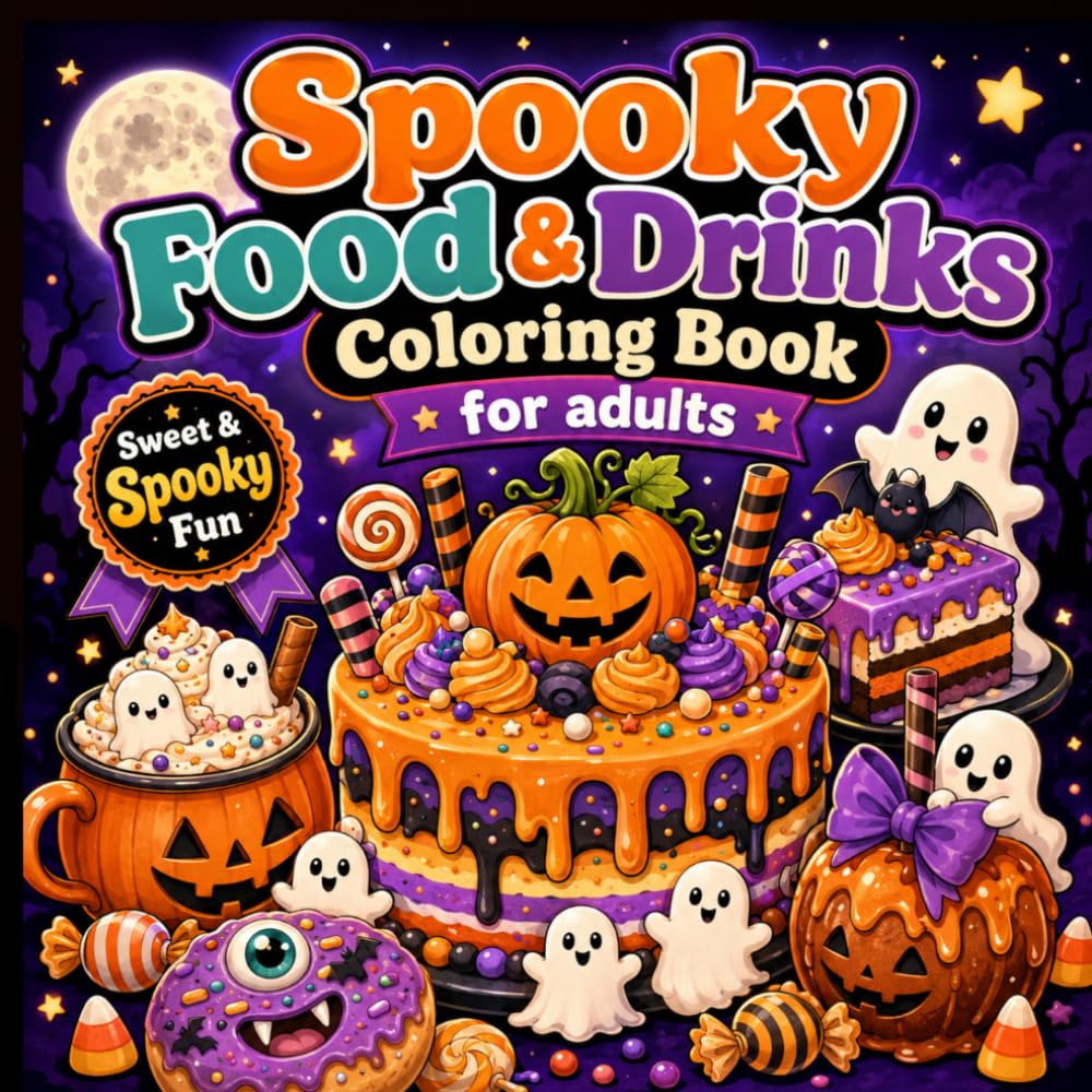Spooky Food and Drinks Coloring Book for Adults: Fun and Simple Halloween-Inspired Snacks, Drinks, Candies and Enchanting Culinary Creations.