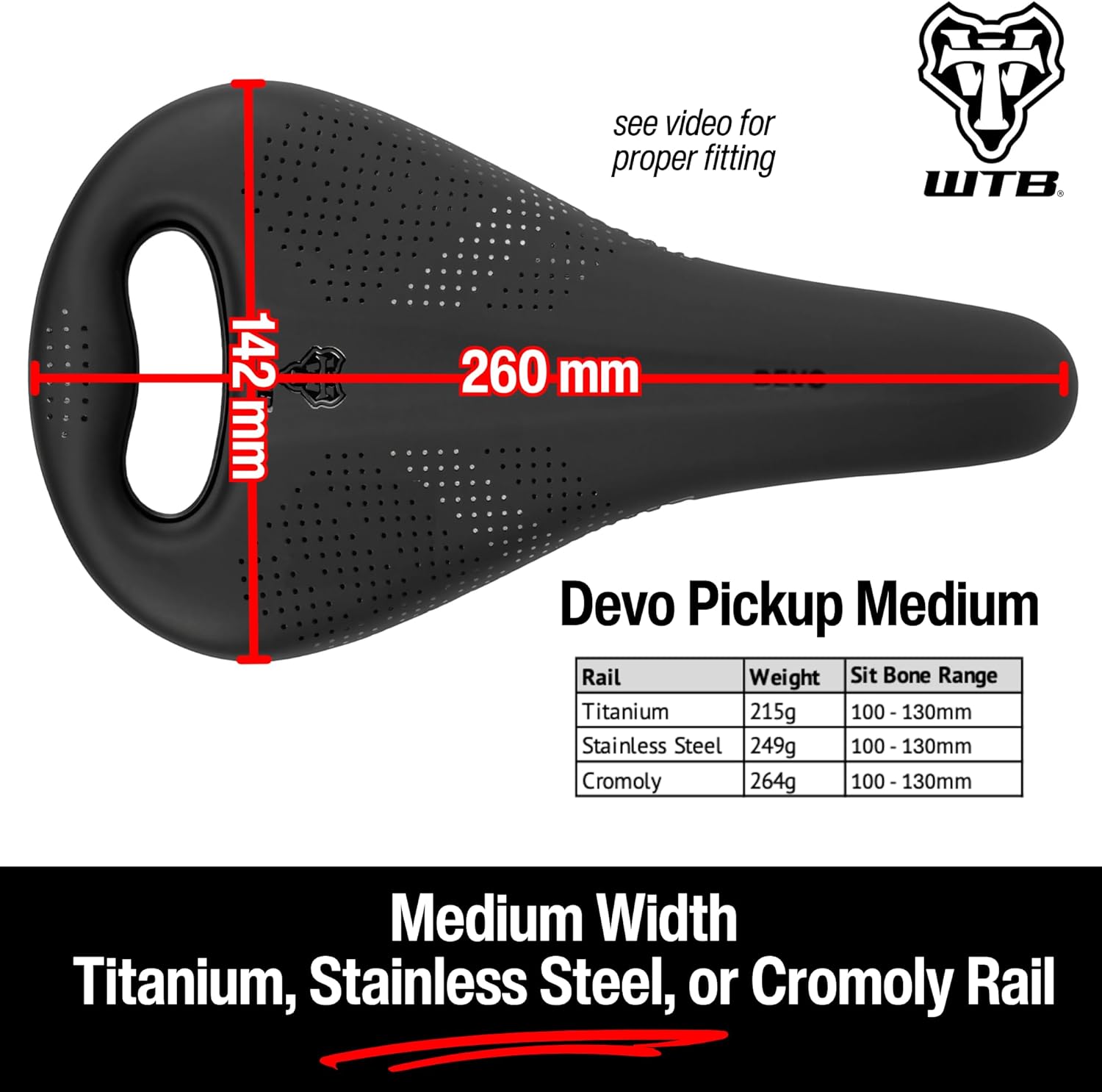 WTB Devo Pickup Mountain Bike Seat (Saddle) - Handle for Effortless Lifting - Fusion Form Base (3 Rail Options)