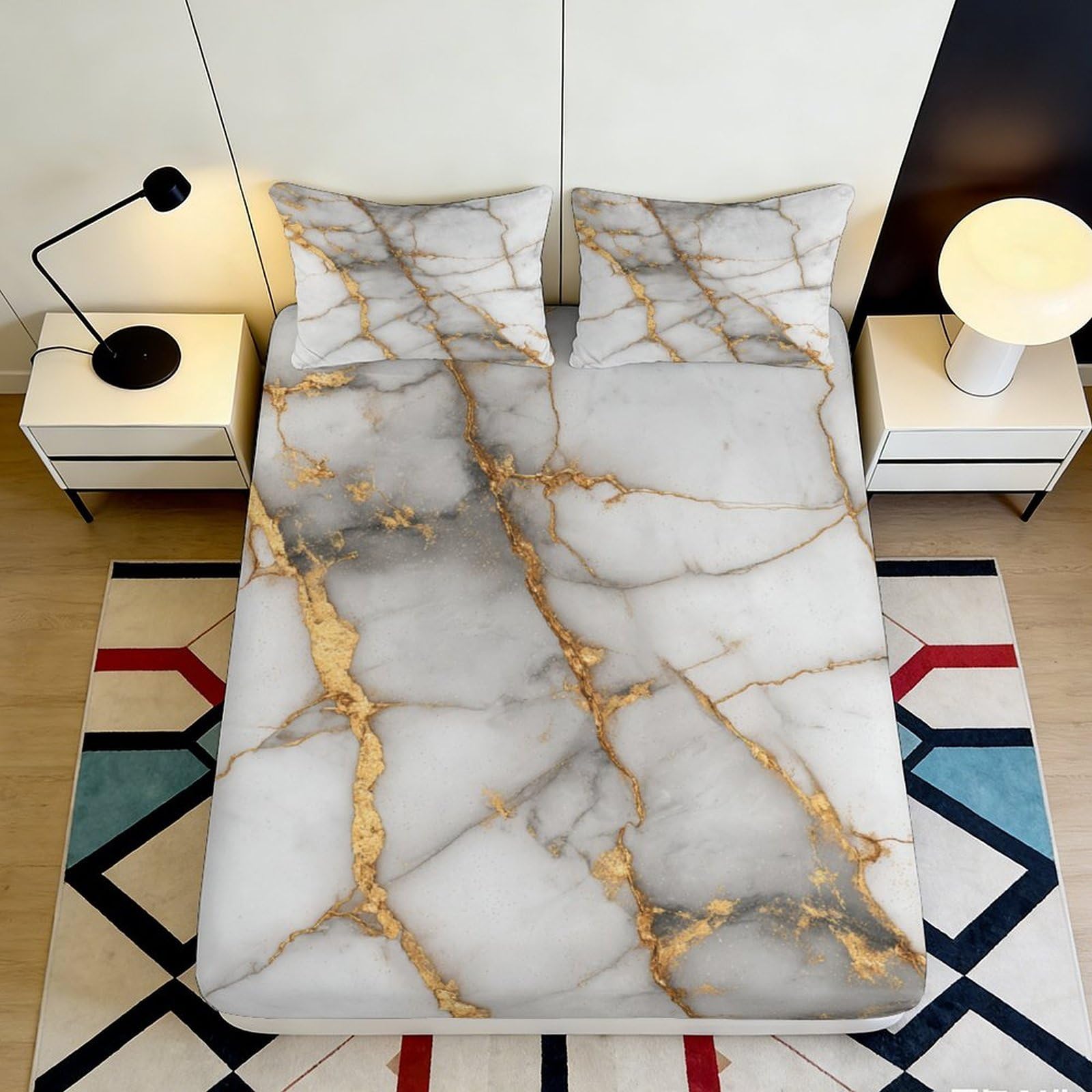 Uxinyoume Style-3 3D Printed Marble Gold Vein Fitted Sheet Microfiber Soft Bedroom Decor Abstract Stone Bed Cover For Mattress Protection 90X200x25cm