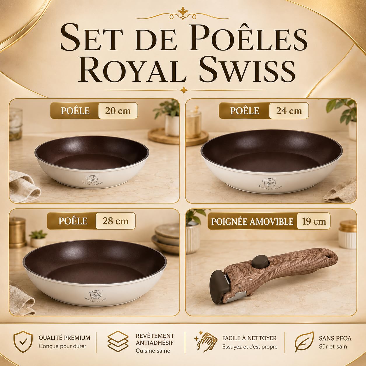 Royal Swiss Lot de Poêles 4 Pièces Beige, 20/24/28 cm avec Manche Amovible, Revêtement Marbre Antiadhésif Sans PFAS PFOA, Induction Tous Feux, Compatible Four Sans Poignéec