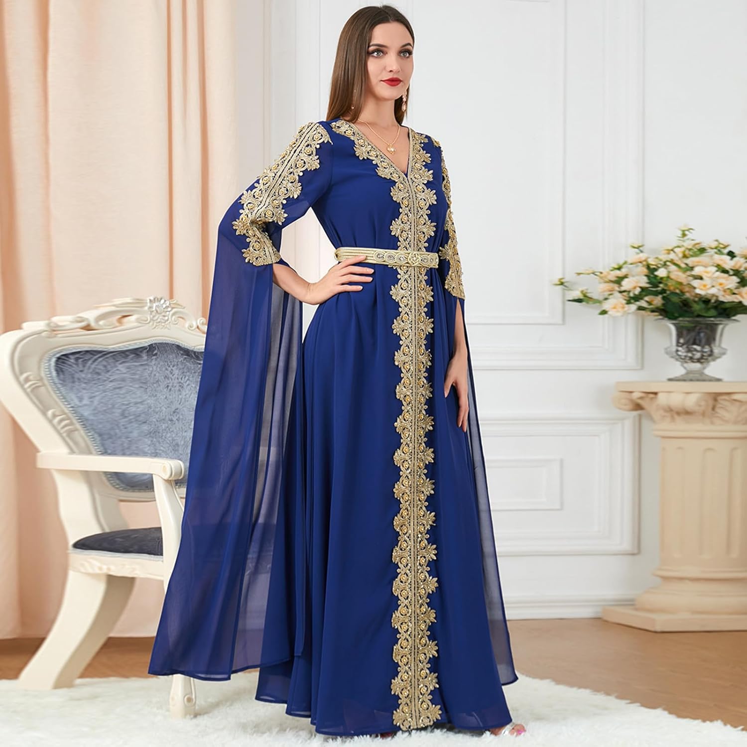 OBEEII Women's Moroccan Muslim Abaya Dress Elegant Floral Embroidery Kaftan Maxi Dress Islamic Dubai Ramadan Prayer Clothes