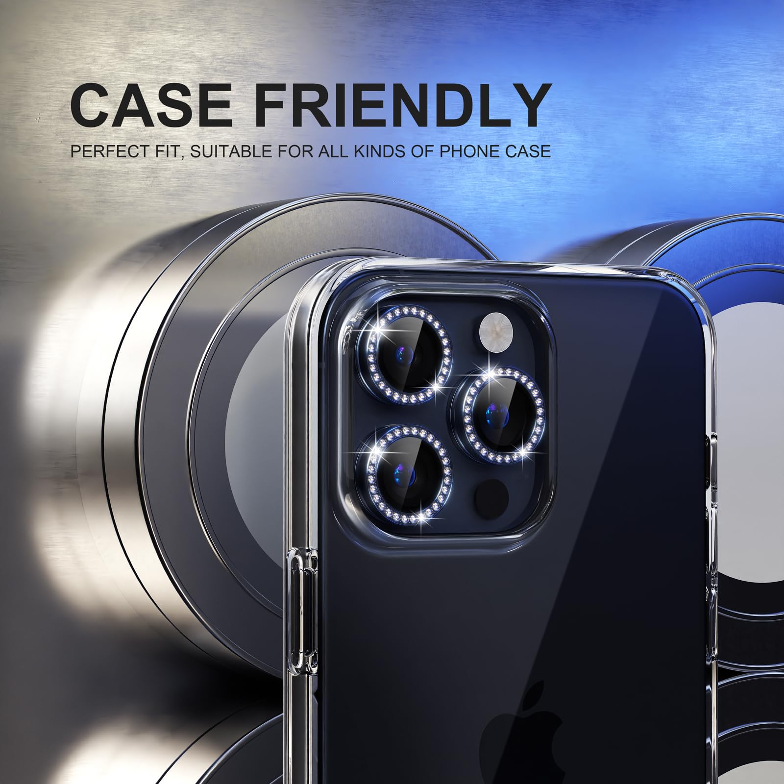Choiche Für iPhone 15 Pro/iPhone 15 Pro Max Kamera-Objektivschutz | Ultra HD, Bling 9H Panzerglas Kamera Abdeckung Displayschutzfolie Metallring Dekoration Zubehör (Diamond-Blue)