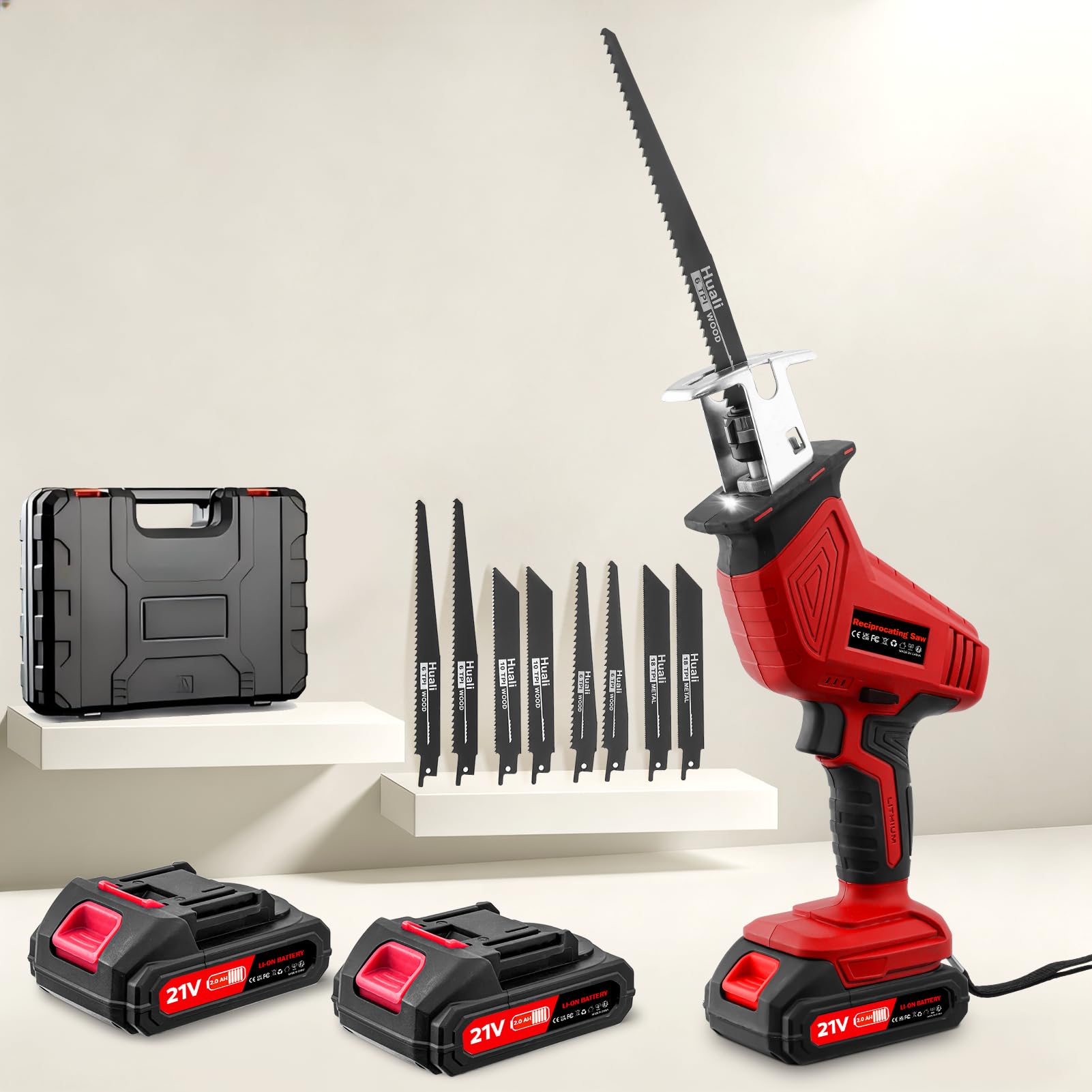 Akku Säbelsäge 21V & Reciprosäge, 4000 RPM Kabellos mit 2x 2.0Ah Akku, 8 Sägeblätter für Holz Metall, Fuchsschwanz Säge Elektrisch für Baustelle Garten