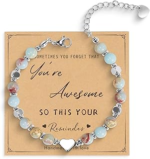 Bracelet Femme Pierre Naturelle avec Perles et Pendentif Cœur – Cadeaux de bijoux fantaisie, Fête des Mères, amoureux, Noël, – Idée Cadeau pour Grand-mère, Maman, Amie, Sœur, Nièce, Collègue