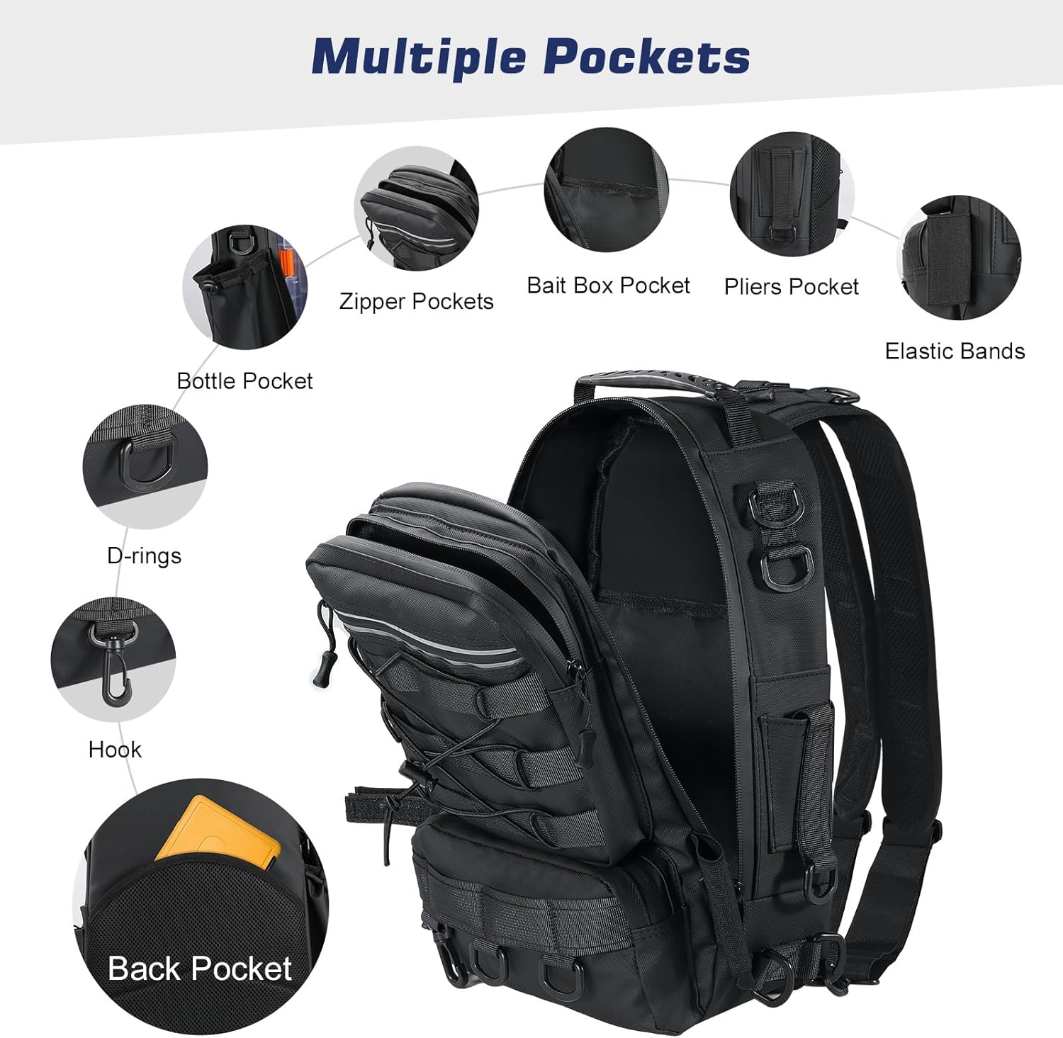 MoKo Fishing Backpack Sling Bag with Rod & Gear Holder, Nylon Waterproof Fishing Tackle Storage Bag for Fishing