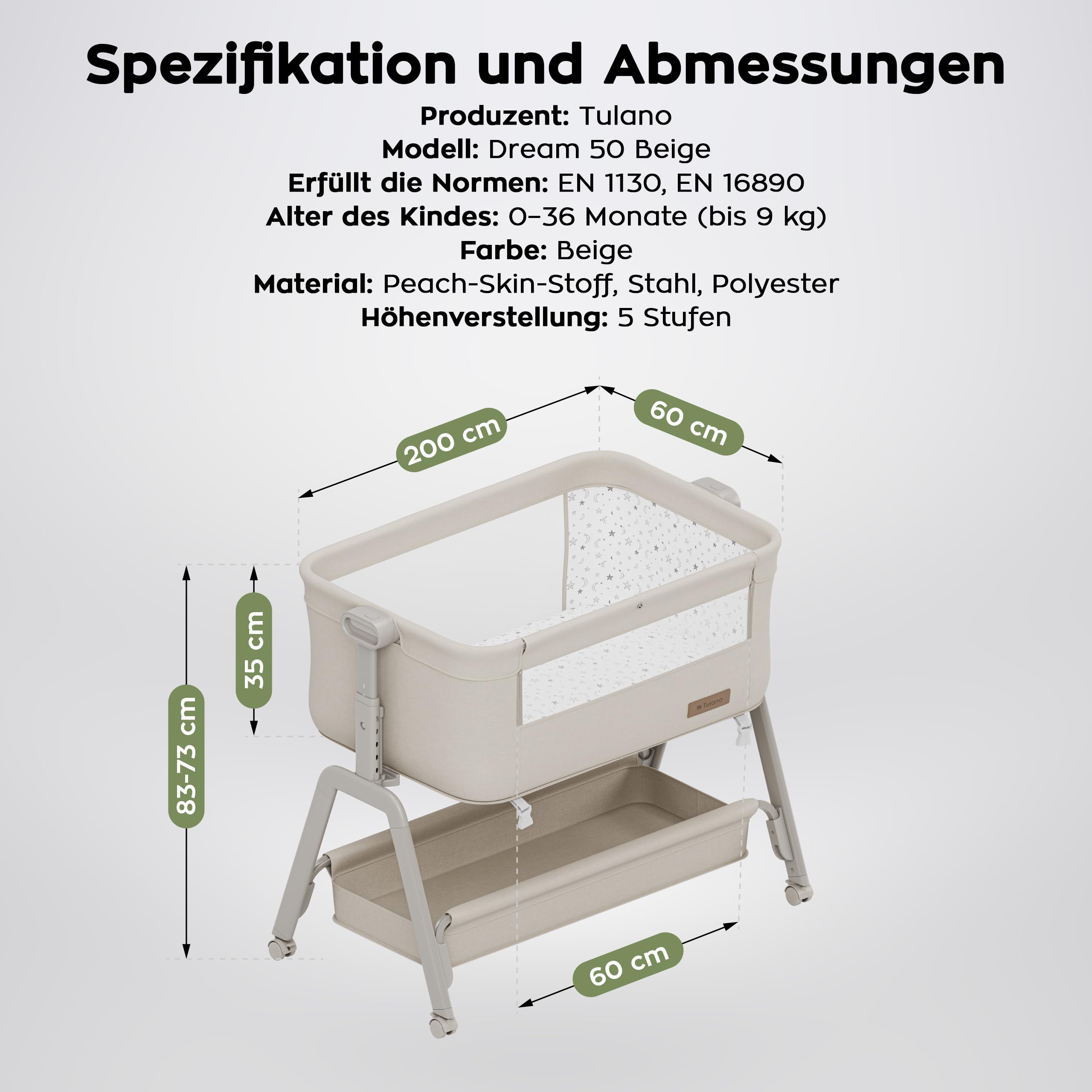 TULANO Dream 50 3in1 Beistellbett Baby mit Rollen - Babybett - Reisebett | mit matratze - höhenverstellbar - bis 9kg - Neigbare Liegefläche - Mit Moskitonetz und Aufbewahrungskorb - Beige