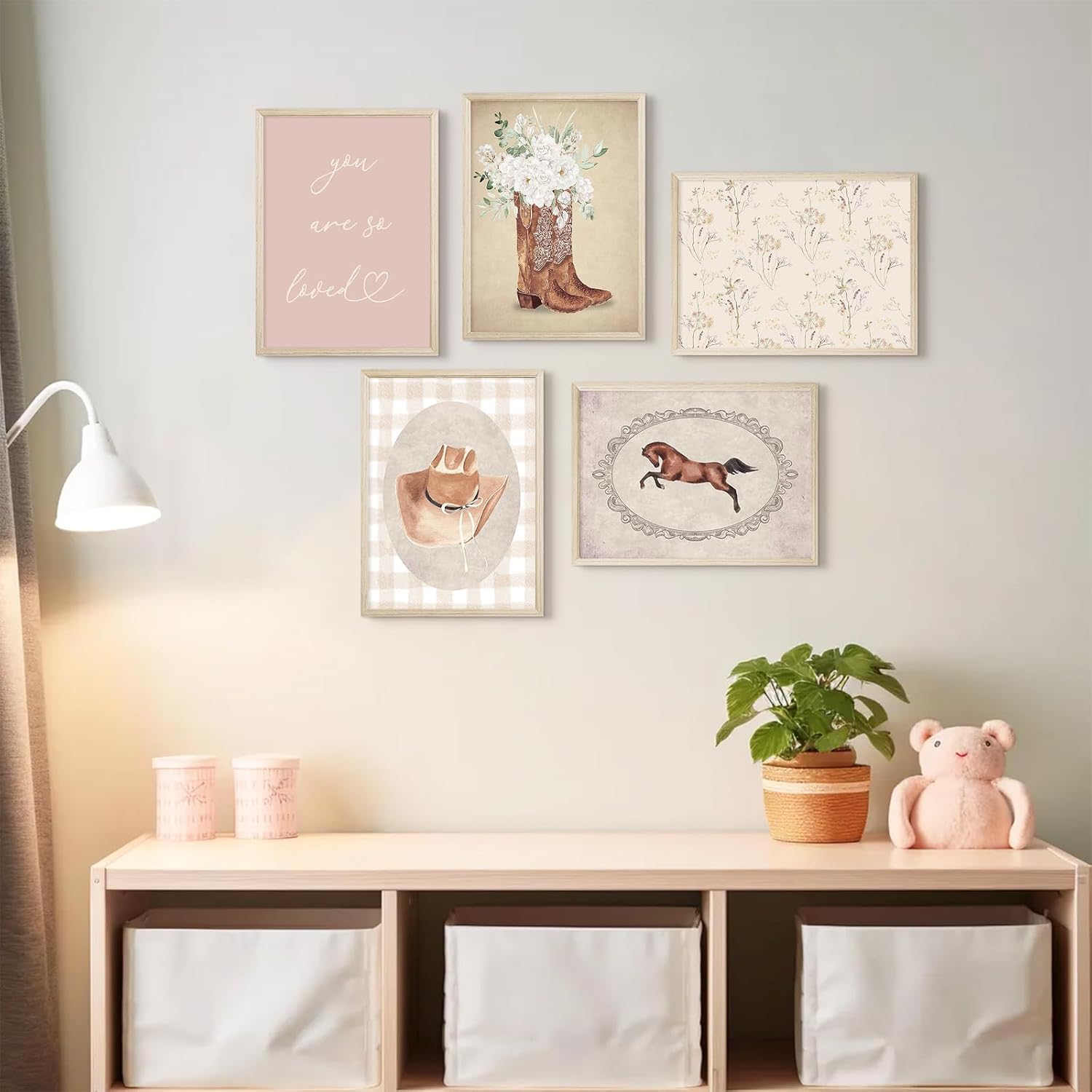 Cowgirl Nursery Wall Art Coquette Western Girl Poster Vintage Horse Floral Canvas Pictures Aesthetic Pink Preppy Room Wall Decor Rustic Cowgirl Prints for Girls Bedroom 8x10x5 Inch Wood Framed