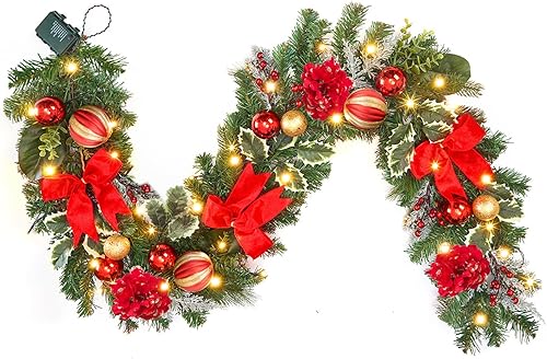 Miniatura 8 de Guirnalda preiluminada de 6 pies, guirnalda de Navidad de Poinsettia dorada roja con 25 luces LED, decoraciones iluminadas para interiores y Rojo y