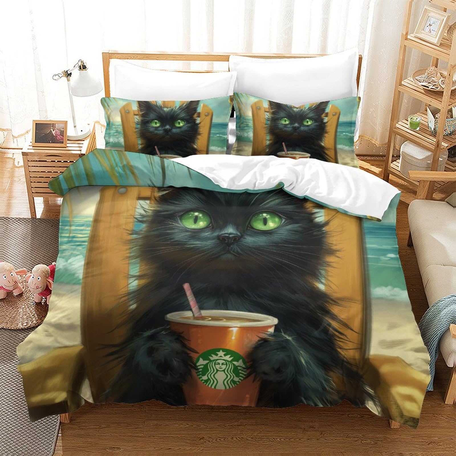 Housse de couette chat 3D 3 pièces microfibre avec taie d'oreiller fermeture éclair