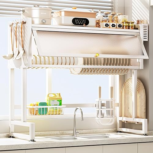 Miniatura 7 de Escurridor de platos con bandeja de goteo, escurridor de platos grande de 2 niveles con tabla de escurrir y soporte para cubiertos y tabla de cortar