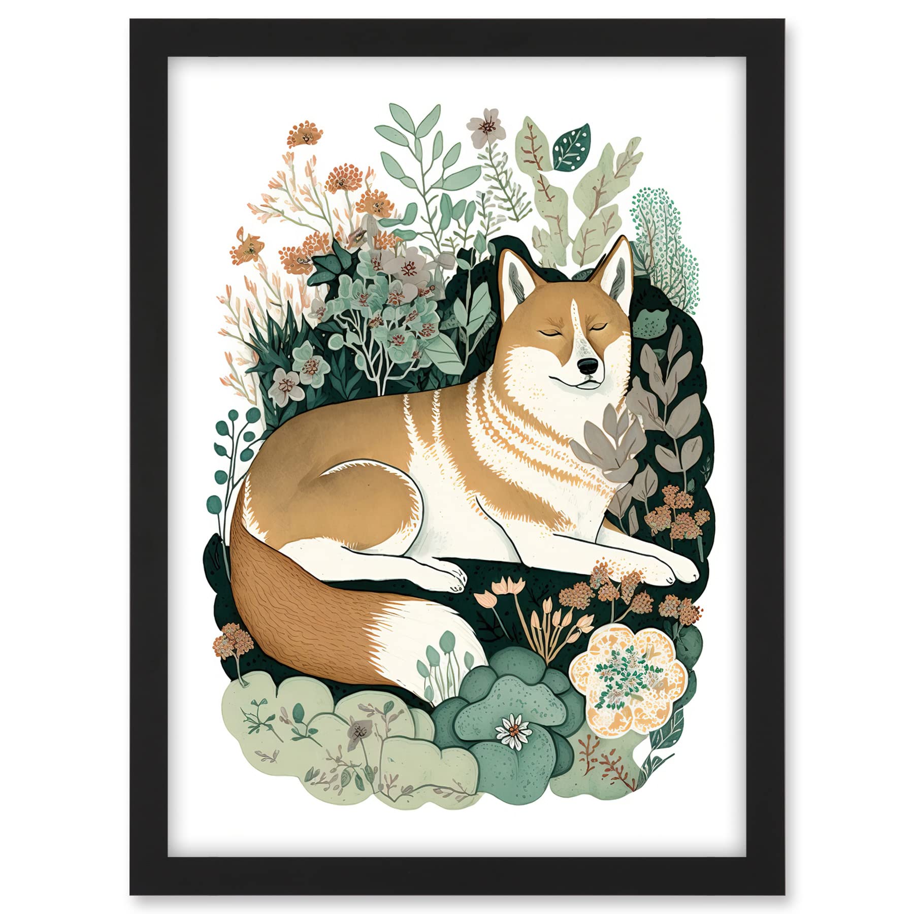 Artery8 Shiba Inu Dog Lying in Flower Field Modern Stylised Illustration Artwork Framed A3 Wall Art Print