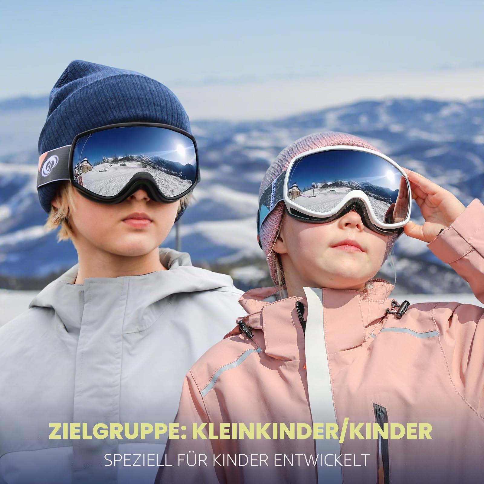 Findway Skibrille Kinder, Snowboardbrille Helmkompatible Schneebrille Verspiegelt 100% UV-Schutz Anti-Nebel Kinder Skibrille für Jungen Mädchen 3-12 Jahre