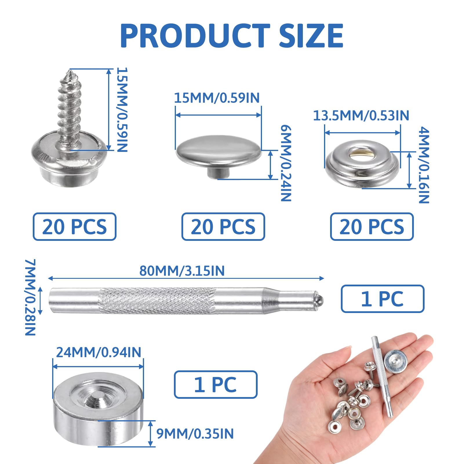 Lot De 20 Boutons Pression à Visser Acier Inoxydable - Choix 10mm Ou 15mm - Pour Bâches, Remorques, Bateaux