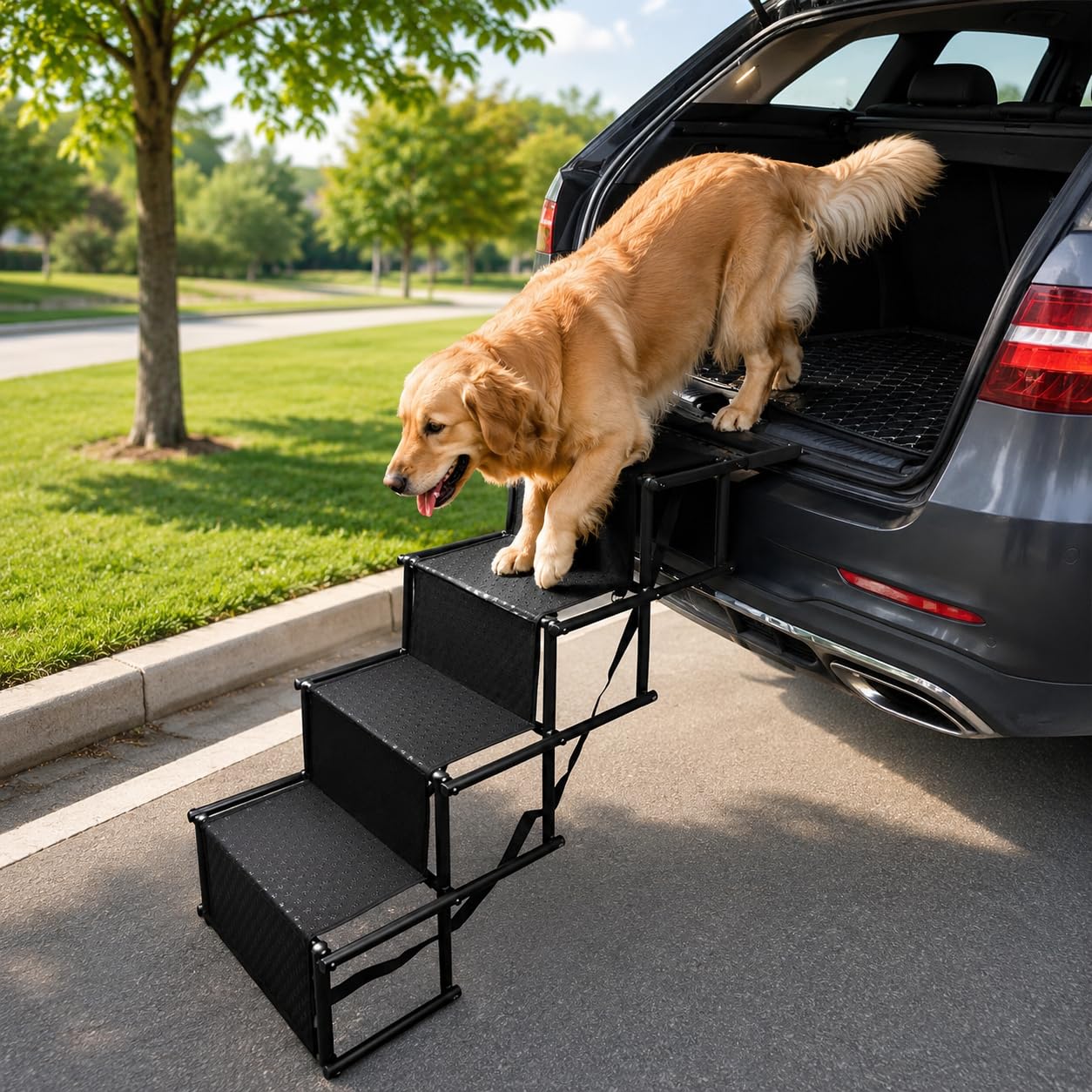 Ccarzzi Black 4 Steps Dog Steps Folding Dog Ramps For Cars, Portable Pet Stairs With Non-Slip Surface For Large And Small Dogs, Up To 80Kg, For Cars, Suvs And Trucks