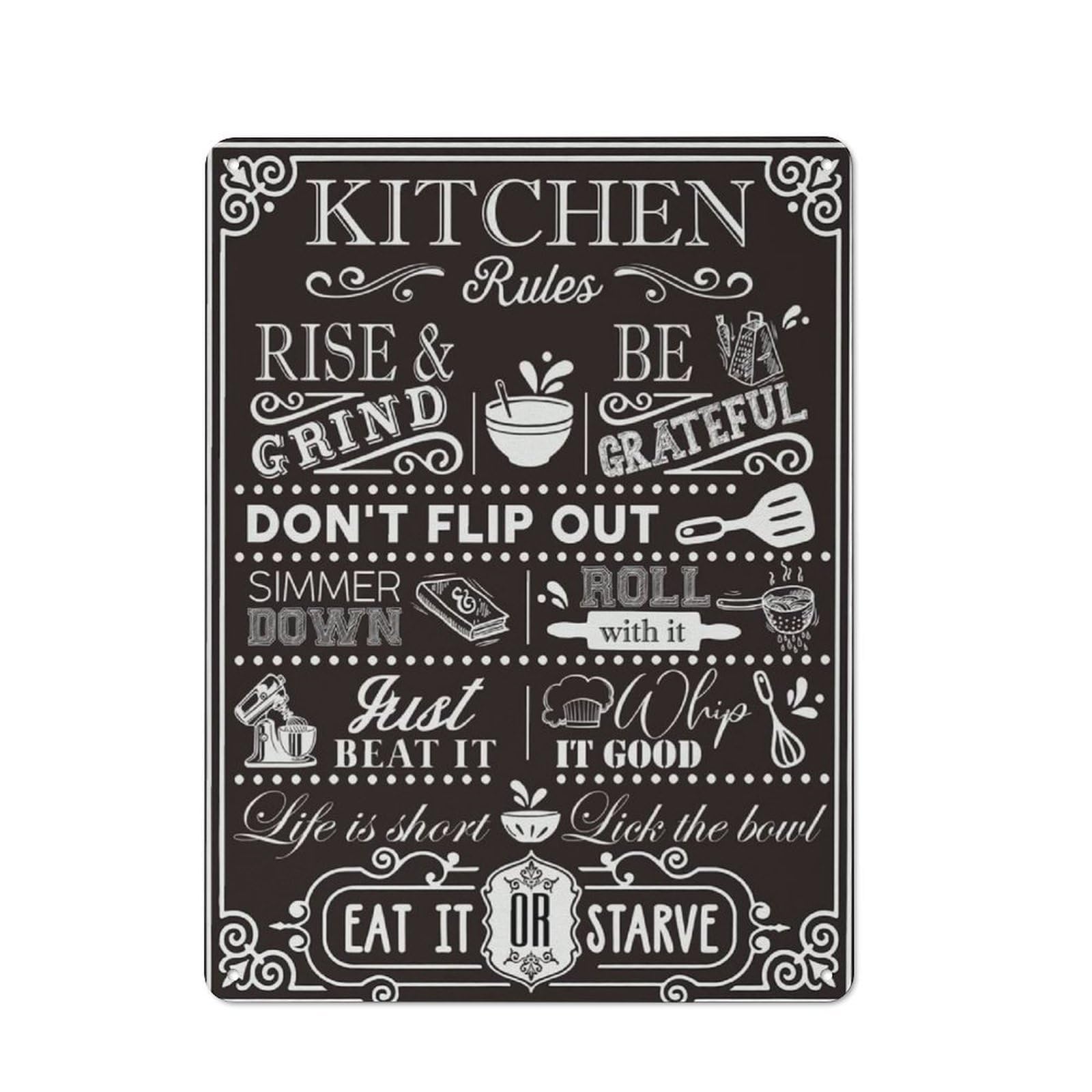 Rustic Metal Tin Sign, Retro Funny Kitchen Rules Wall Art, Rustic Farmhouse Printed Sign, Interesting Ornament for Home Cooking Space, 12x8 Inch