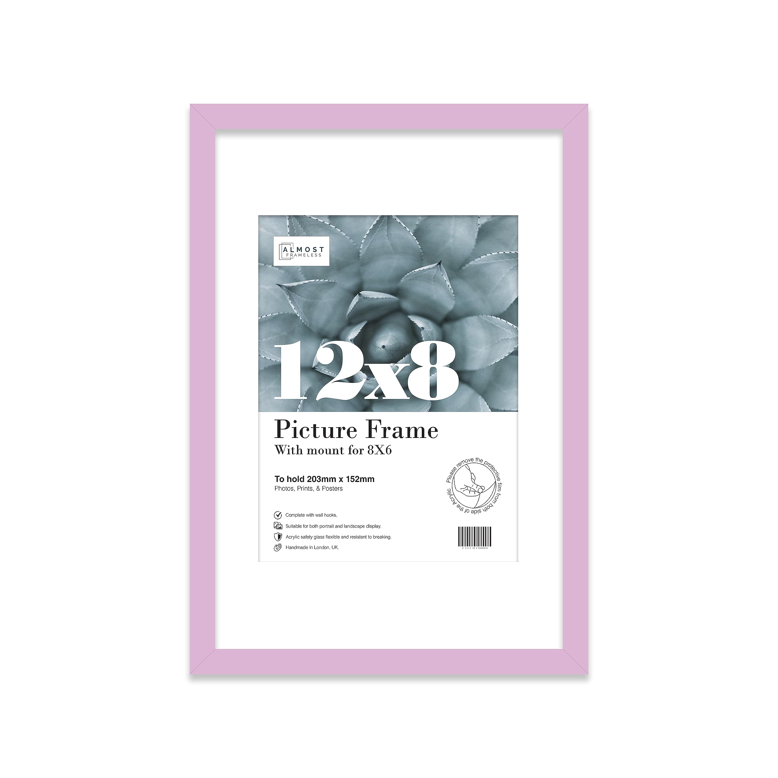Almost Frameless 12x8 Lilac Picture Frame With Mount for 8x6 Print, Poster or Photo Poster, Photo, Artwork, or Print. Thin Edge Slim Frame Portrait and Landscape Display with Wall Hooks