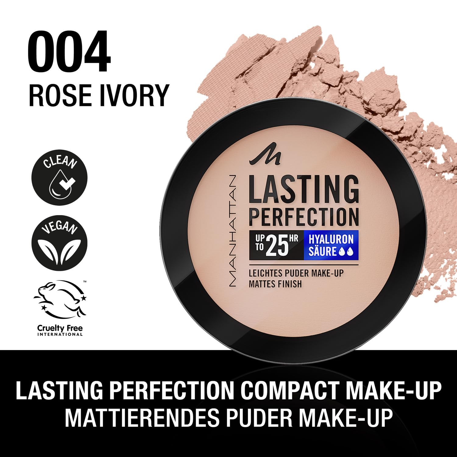 Manhattan Lasting Perfection Compact Make-Up puder o dużej sile krycia dla naturalnego, matowego wykończenia, kolor 004 Rose Ivory, 7 g