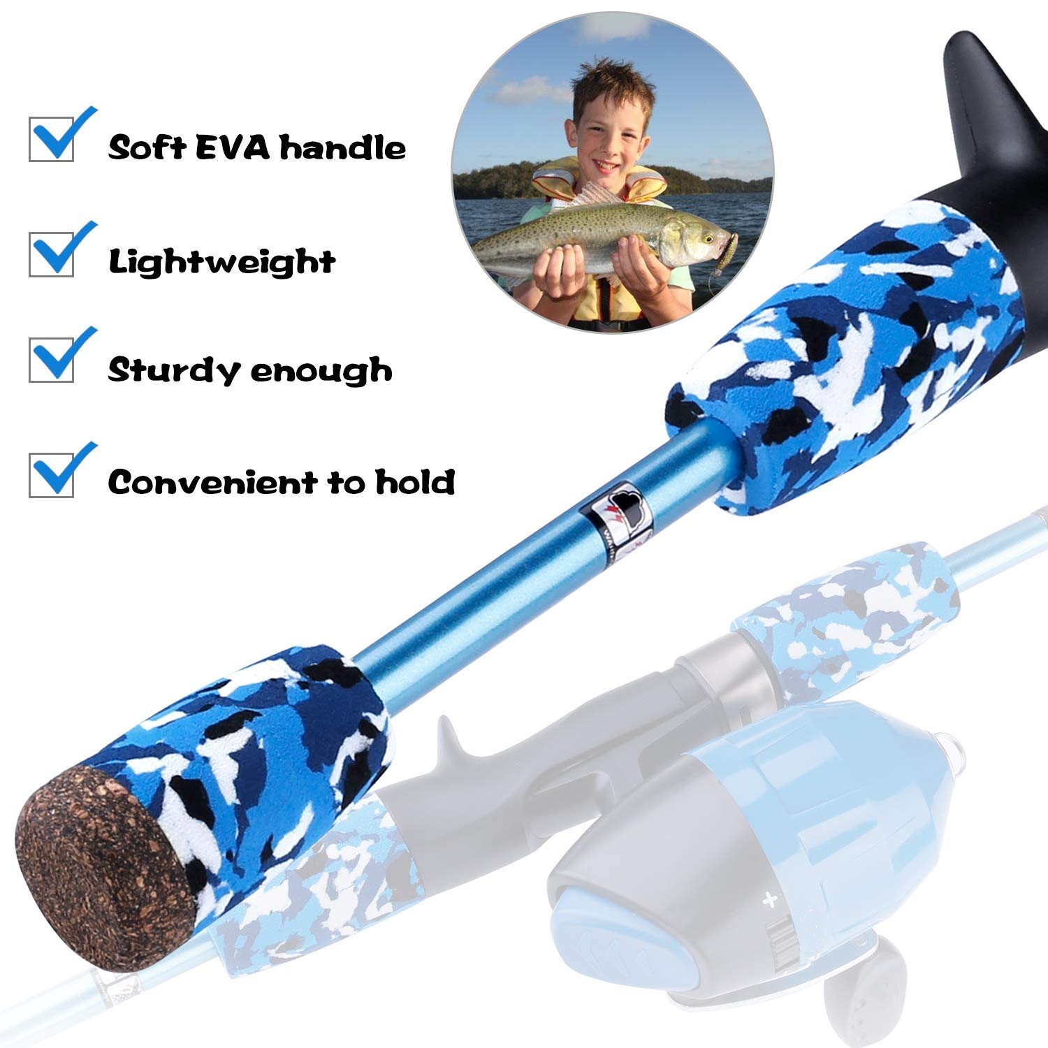 PLUSINNO - Set da pesca per bambini, con mulinello e esca, Blu, 1,5 m