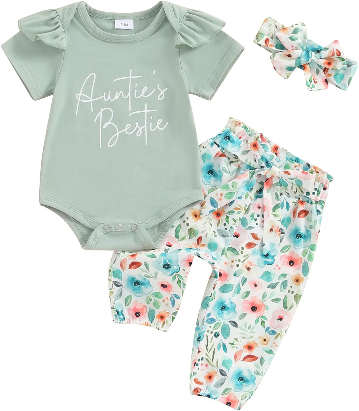 Aunties Bestie Baby Clothes Girl Baby Girl Aunt Saying Letter Romper Shirt Floral Flare Pants Headband 3Pcs Outfit
