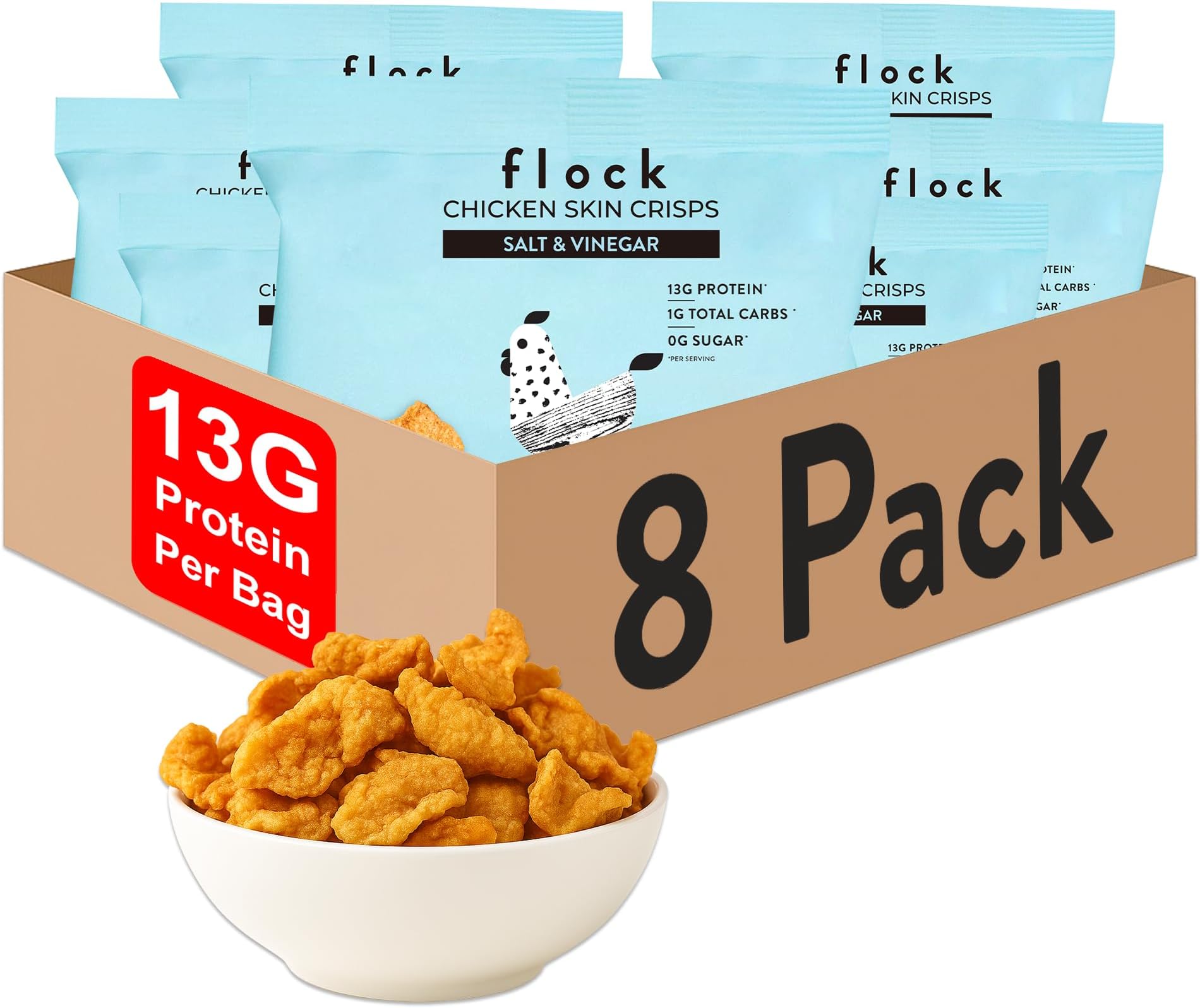 Flock Keto Chicken Skin Chips | Salt and Vinegar Flavor Flavor | Low Carb, High Protein, Sugar Free, Gluten Free Fried Chicken Skins for People | (1oz) 8-Pack Crispy Flock Chips