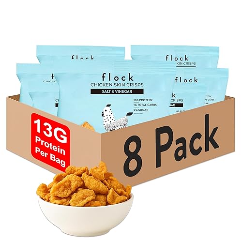 Vista 20 de Chips Flock keto de piel de pollo, 100% pollo real, bajo en carbohidratos, alto contenido en proteínas, sin azúcar, sin gluten, porción individual