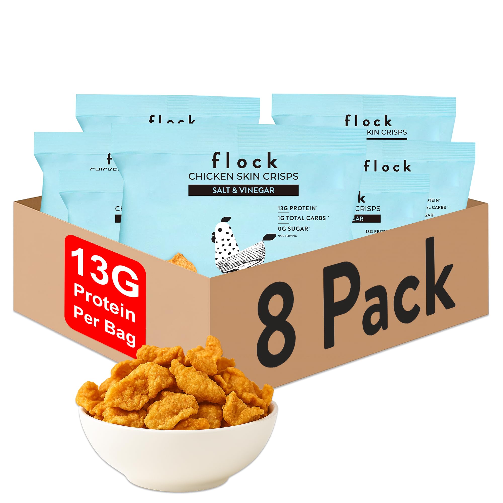 Flock Keto Chicken Skin Chips | Salt and Vinegar Flavor | Low Carb, High Protein, Gluten-Free Chicken Crisps, Keto Snack, Low Carb Chips, Protein Crackers, Diet Snacks, 8-Pack (1oz)