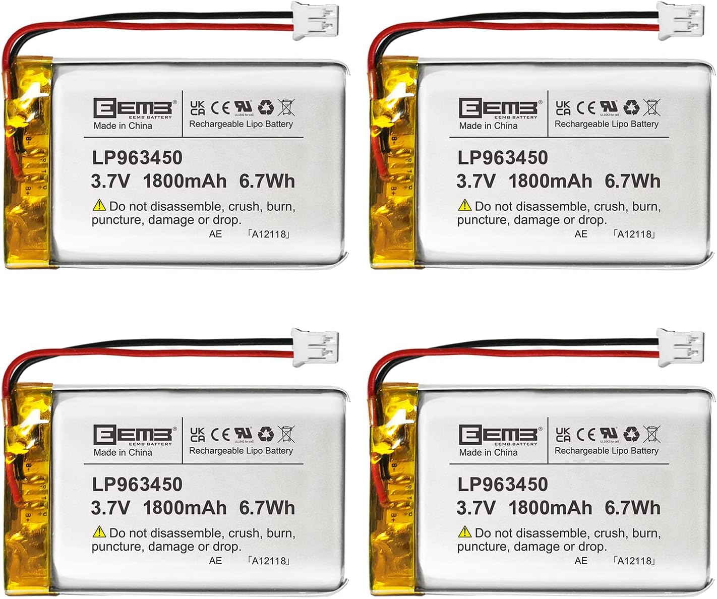 EEMB Lithium Polymer battery 3.7V 1800mAh 963450 Lipo Rechargeable Battery Pack with wire JST Connector for Dashcam and Bluetooth Speaker-confirm device & connector polarity before purchase(4)
