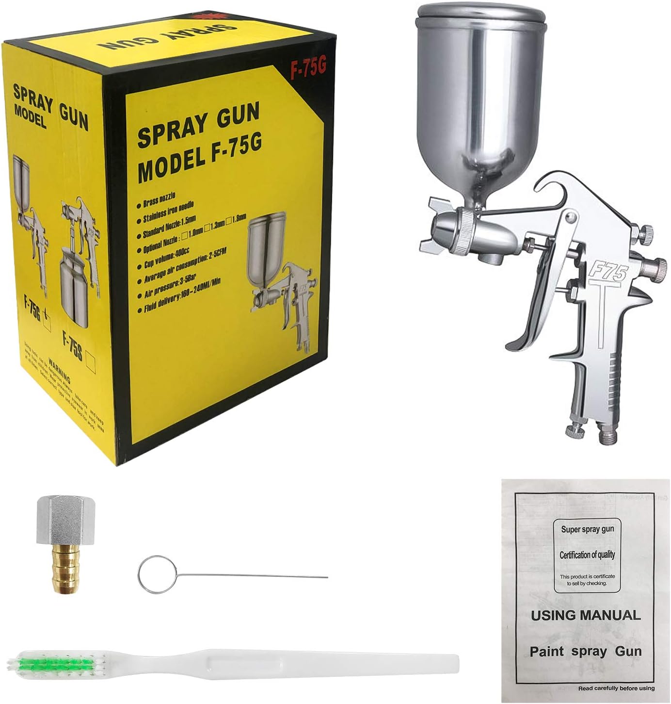 Rrtizan F-75G HVLP Spray Gun, Gravity paint sprayer, with 400cc Capacity Aluminum Cup, 2.0-5.0 CFM (Cubic feet per Minute), 44-73 PSI, 1.5 mm Tip - - 