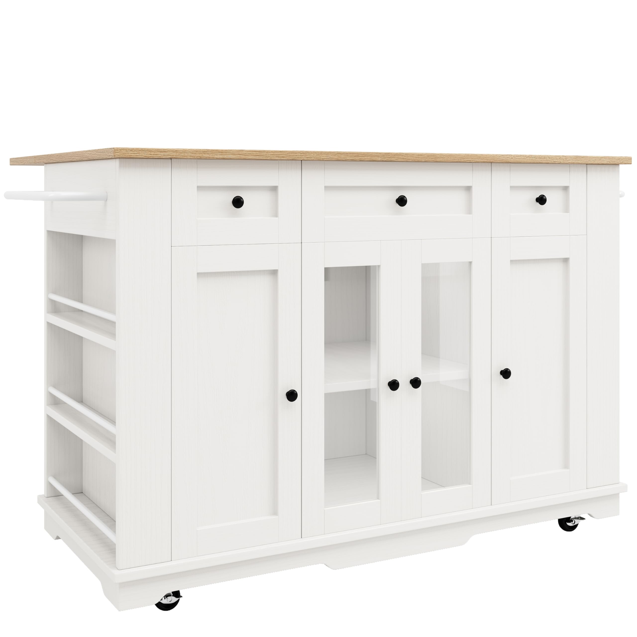 Chariot de cuisine, îlot de cuisine, armoire de buffet, chariot à repas avec plan de travail pliable, chariot à manger avec roulettes, tiroirs et portes en verre pour cuisine, 151,5 x 85 x 91,7