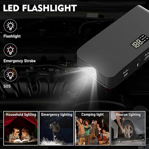 Miniatura 39 de Arrancador de batería de coche de 2000 A, 12 V arrancador de coche portátil para 8.0L de gas y 6.5L diésel, batería de reserva de 20000 mAh con USB