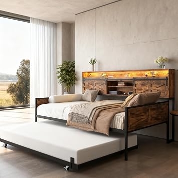 Twin Corner Bed with Storage & Charging Station Height-Adjustable Corner Daybed with Pop-Up Trundle, LED Lights & Sliding Barn-Door Headboard, Convertible Sofa Bed for Bedroom, Rustic Brown