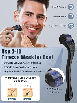 Oukzon Beard Growth Kit - Roller, Oil, Balm, Scissors - Men's Grooming Set - Birthday Gift for Him
