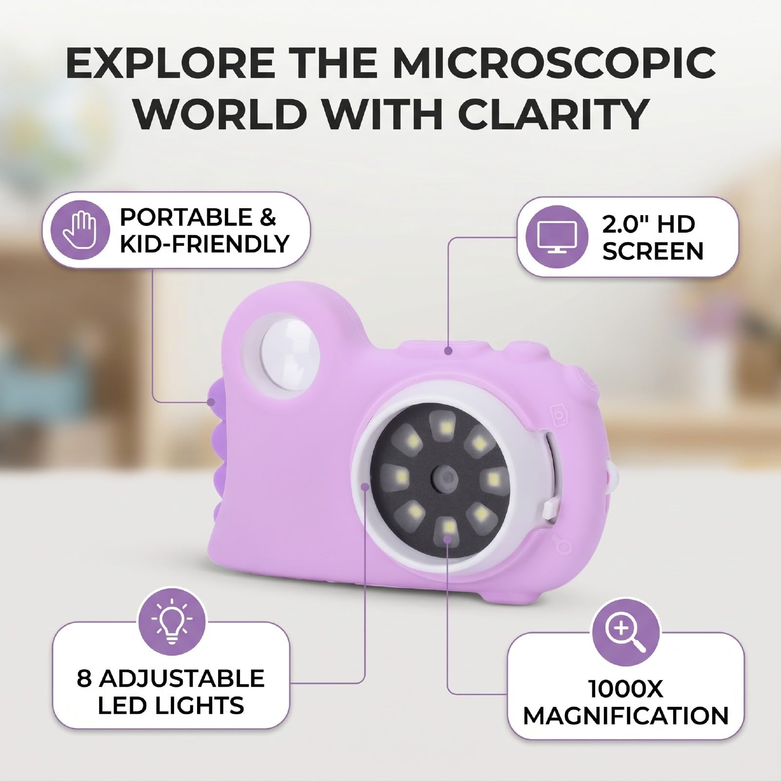 Fockety Microscopio Digital Infantil, microscopio portátil de Mano con Aumento de 1000X, Pantalla de 2 Pulgadas y 8 Luces LED, Juguete Educativo de Ciencia, Regalo para niños niñas