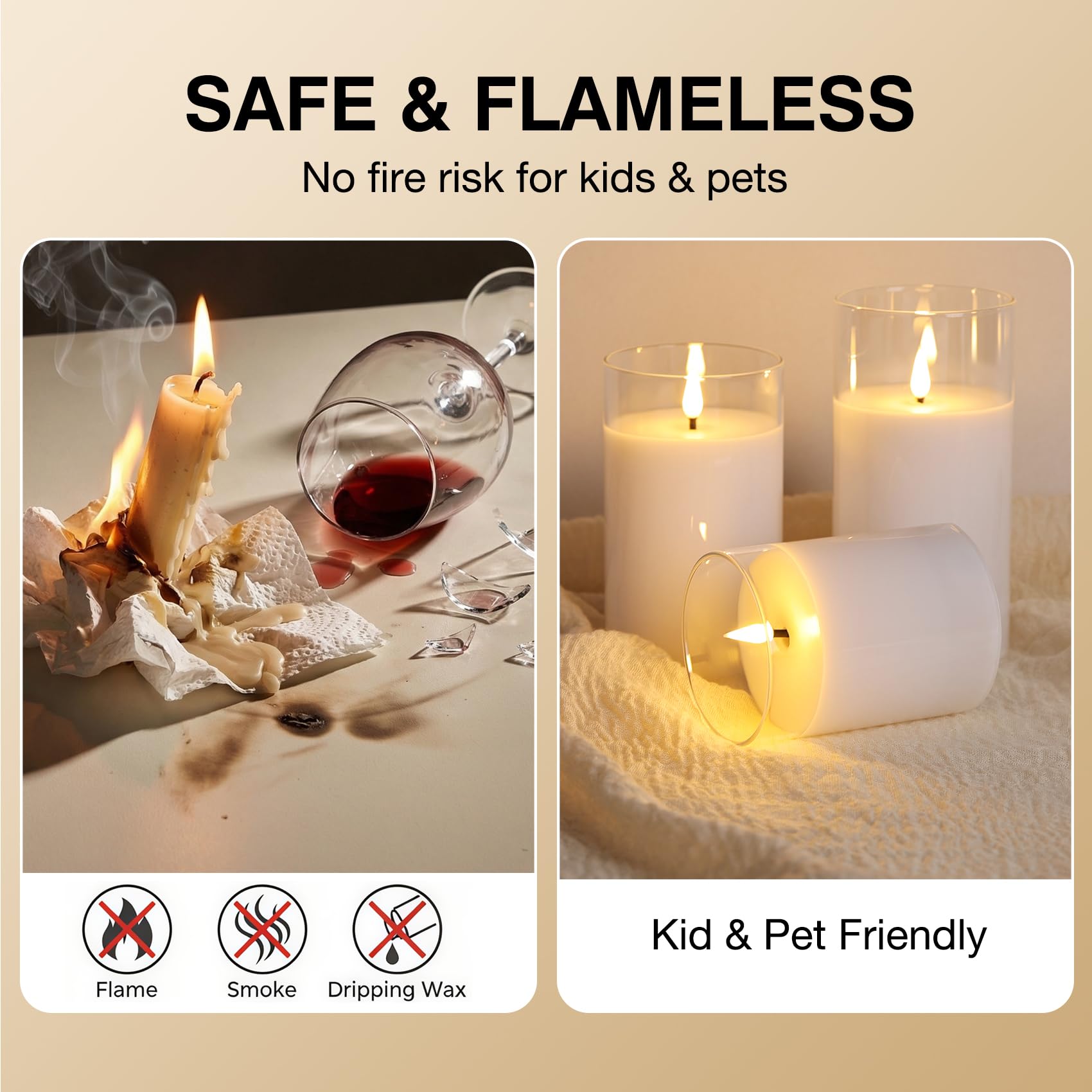 Eywamage Candele cilindriche in vetro trasparente, senza fiamma, tremolanti in movimento, candele a LED in vera cera a batteria, con telecomando, decorazione per la casa, set da 3