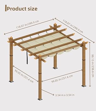 10' X 10' Aluminum Pergola Faux Wood Outdoor Pergola with Retractable Canopy Metal Pergolas Shelter for Backyard, Deck, Patio, Garden Porch Beach Sun Shade Pavilion Grape Trellis Grill, Beige