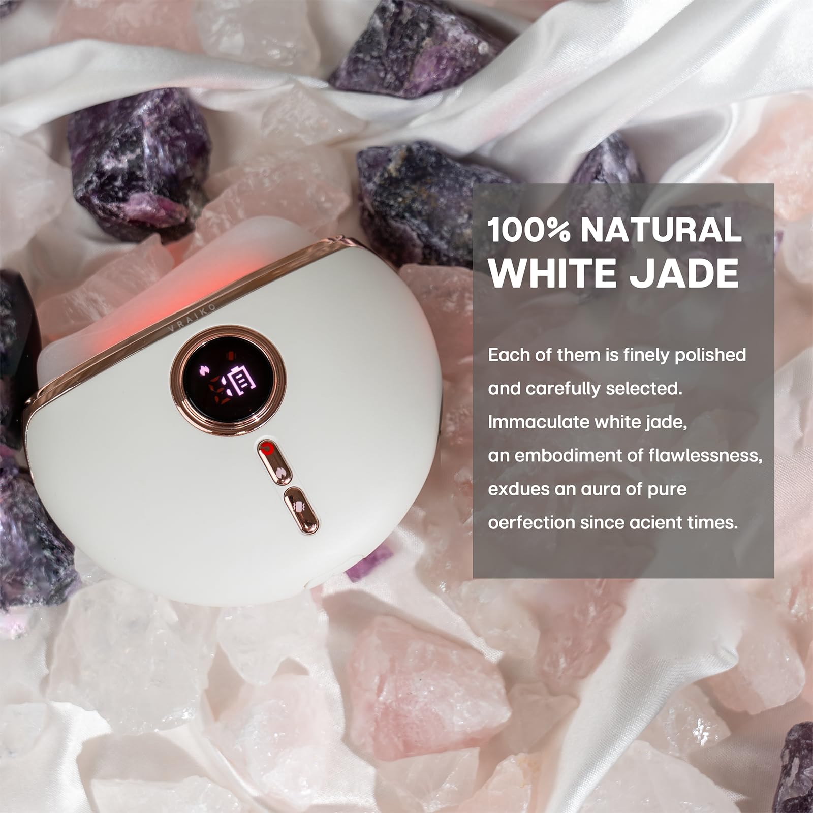VRAIKO Alpenglow Appareil électrique Gua Sha en quartz rose avec chaleur et vibration, masseur du visage Gua Sha pour drainage lymphatique, levage, gonflement, rajeunissement et lueur naturelle (blanc