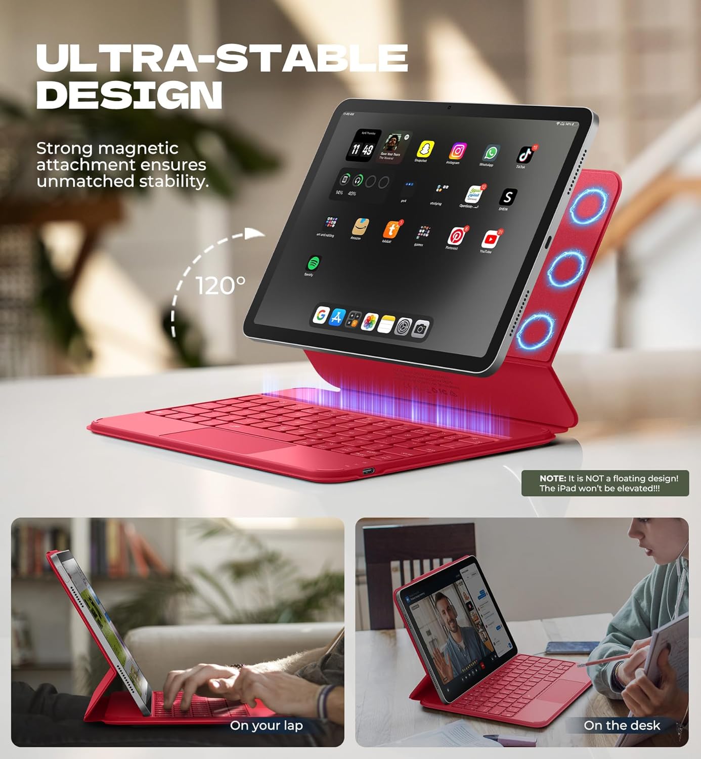 iPad magnetically attached to the keyboard case, showing the 120-degree viewມຸມ ing.